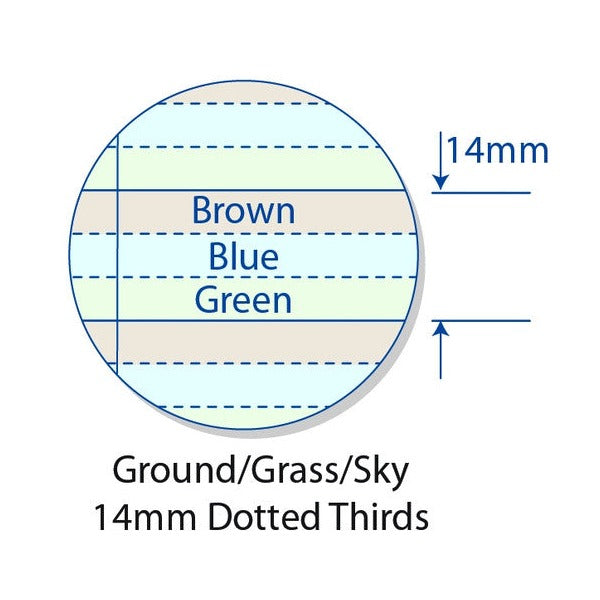 Drawing titled Ground/Grass/Sky 14mm Dotted Thirds, with bands labelled Brown, Blue and Green and 14mm marked between solid lines
