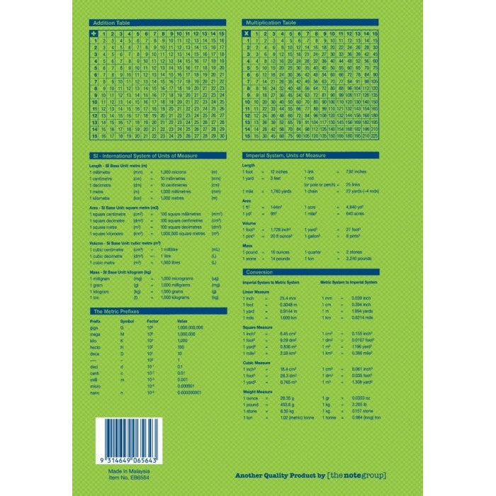 Green back cover of Writer Premium EB6564 with addition and multiplication tables, unit charts, barcode and Made in Malaysia