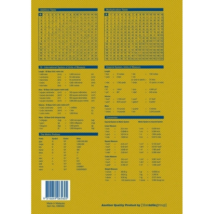 Mustard back cover of Writer Premium EB6560 with addition and multiplication tables, unit conversions, barcode and Made in Malaysia