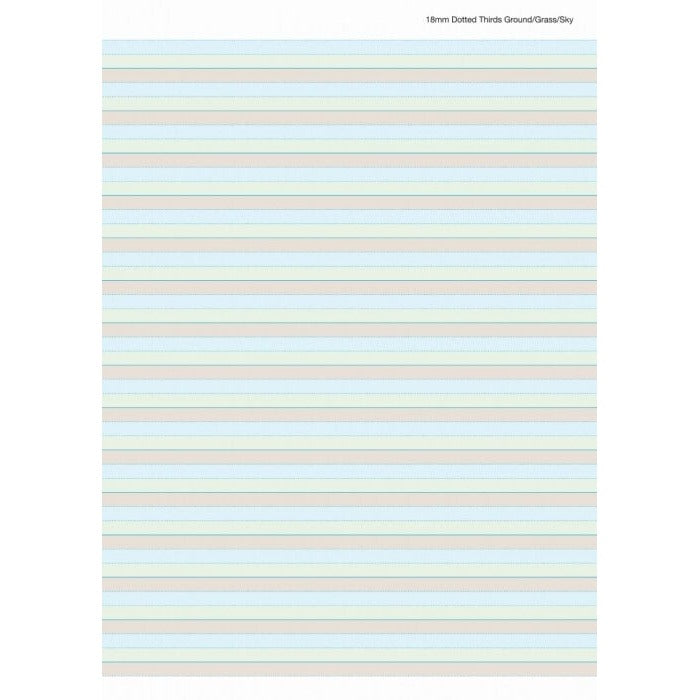 Full A4 page of Writer Premium 18mm ground grass sky ruling with repeating pale blue, green and beige bands and a small label at top right