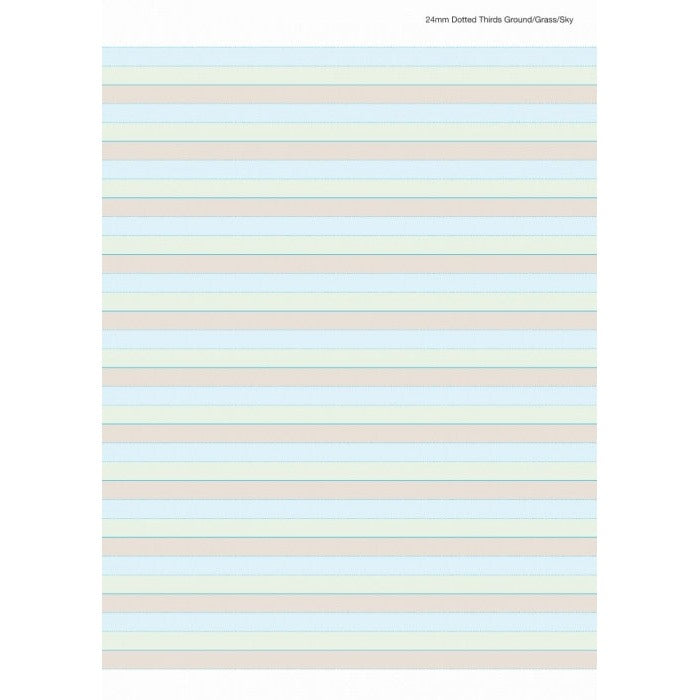 A4 page render of Writer Premium 24mm ground grass sky ruling with a label at top right and wide repeating blue, green and beige-brown bands