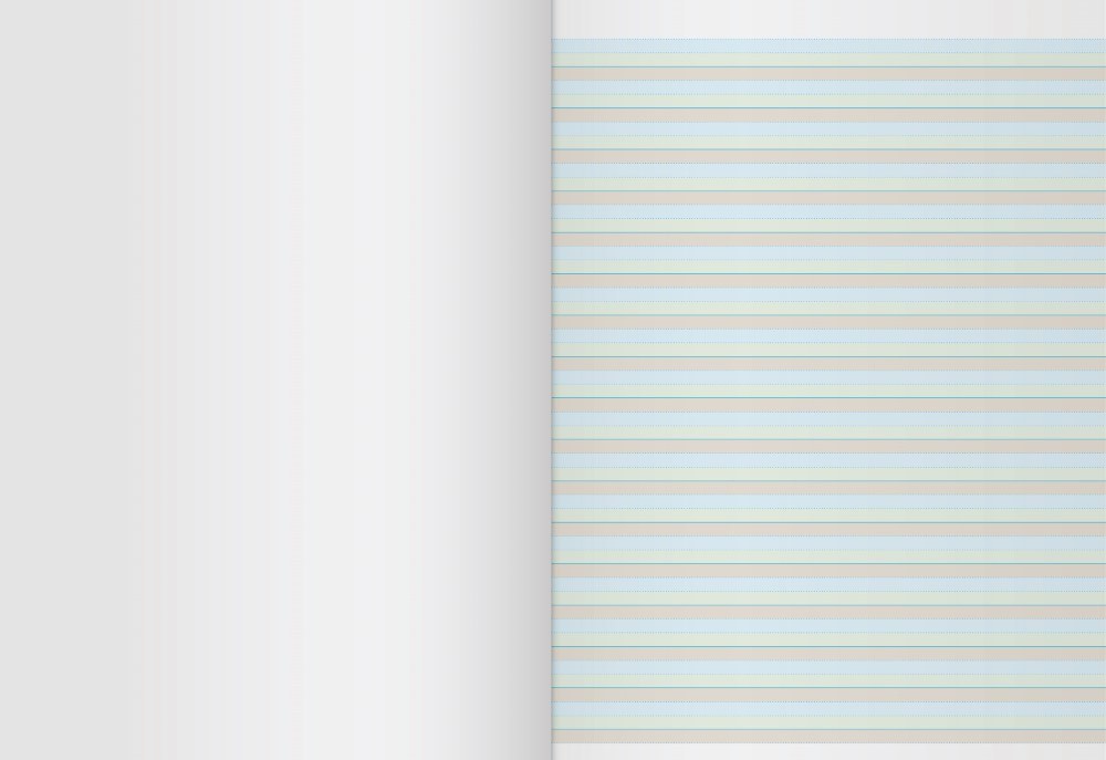 Open Writer Premium ground grass sky project book showing a blank left page facing a right page ruled in repeating blue, green and beige-brown bands