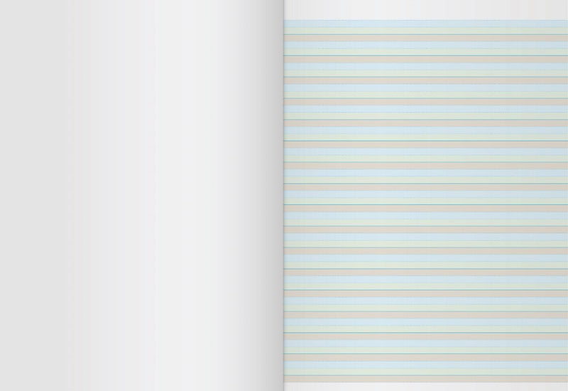 Open Writer Premium ground grass sky project book showing a blank left page facing a right page ruled in repeating blue, green and beige-brown bands