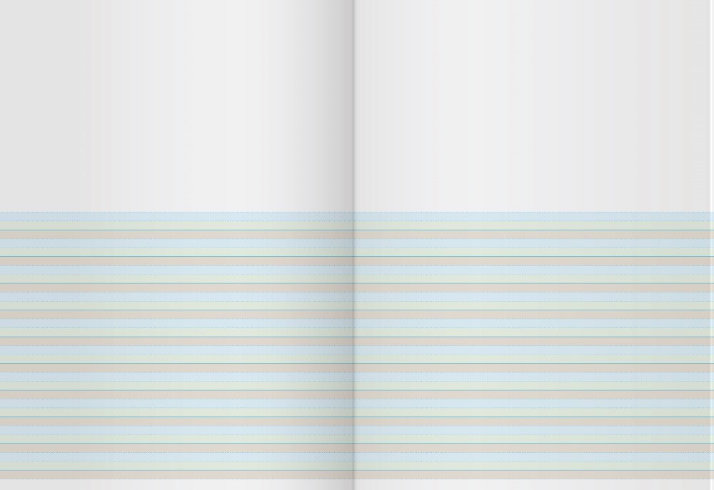 Open Writer Premium EB6620 story book with plain space at the top of each page and pale brown, blue and green ruled bands below