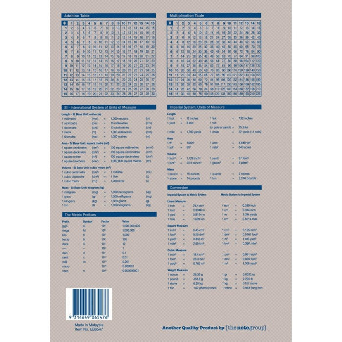 Back cover of the Writer Premium EB6547 music book with maths tables, unit conversions, barcode 9314649065476 and Made in Malaysia