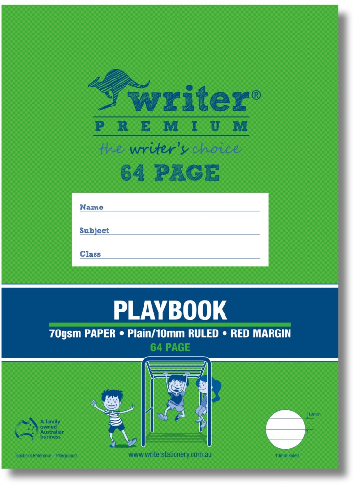 Green Writer Premium 64 page playbook cover reading 70gsm paper, Plain/10mm ruled, red margin, with children on playground monkey bars and a 10mm ruling sample