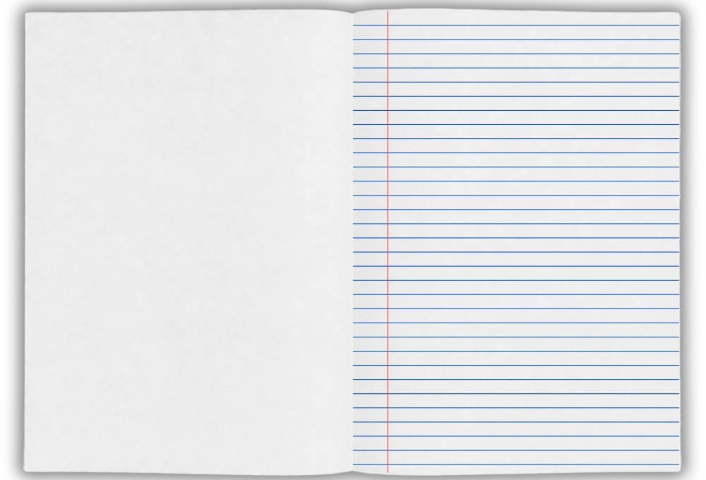 Writer Premium playbook opened flat, with a blank plain page on the left facing a page of blue ruled lines and a red margin on the right