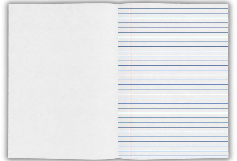 Writer Premium playbook opened flat, with a blank plain page on the left facing a page of blue ruled lines and a red margin on the right