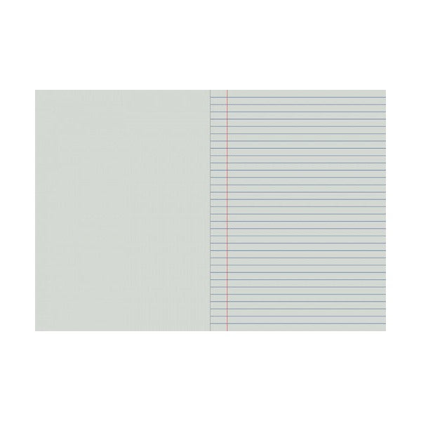 Flat interior view of the playbook spread showing a plain grey left page beside a lined right page with a red margin