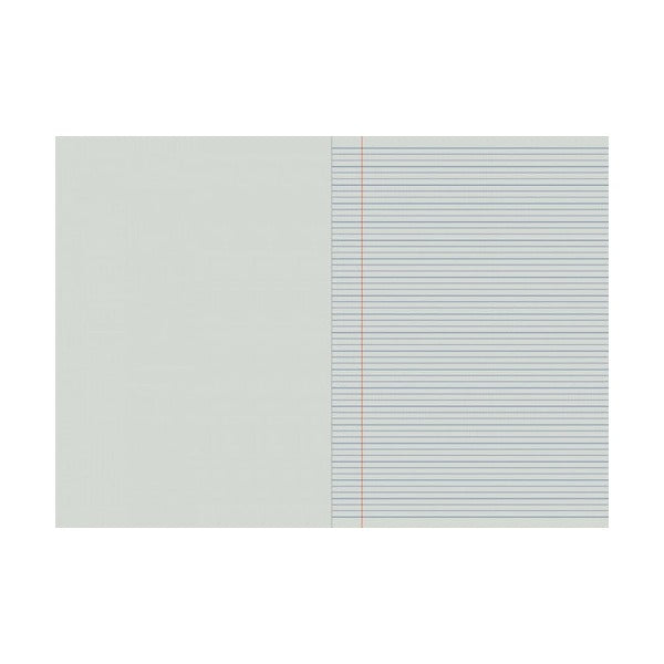 Open project book with a plain grey left page and a right page ruled in solid and dotted lines with a red margin line