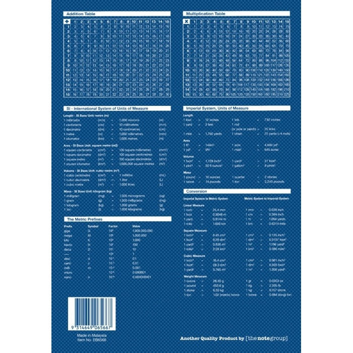 Back cover of Writer Premium EB6566 in navy with addition and multiplication tables, unit conversion charts, barcode and Made in Malaysia