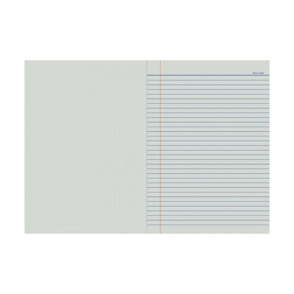 Inside the Writer Premium project book: a blank left page opposite a page of 8mm blue ruled lines with a red margin, labelled 8mm ruled