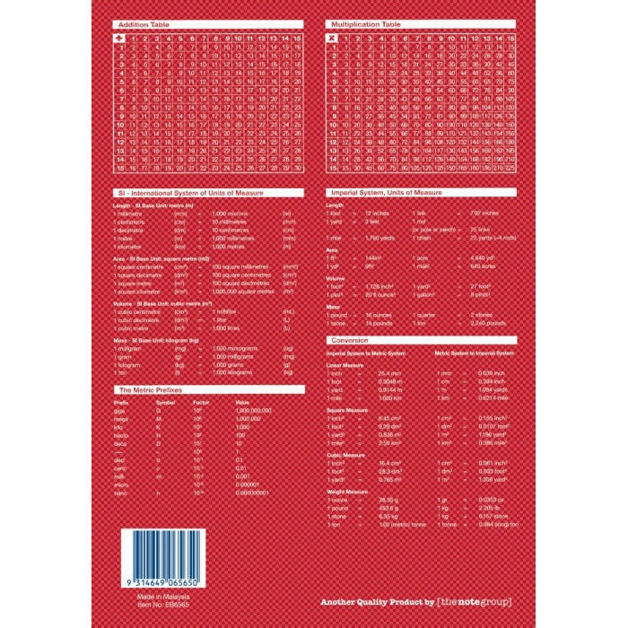 Red back cover of Writer Premium EB6565 showing addition and multiplication tables, conversion charts, the barcode and Made in Malaysia