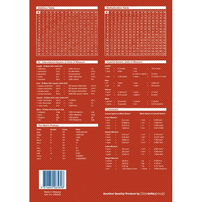 Brick red back cover of Writer Premium EB6569 with addition and multiplication tables, metric and imperial units, barcode and Made in Malaysia