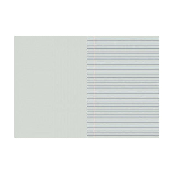 Writer Premium project book open to an unruled left page and a right page with solid lines, dotted guide lines and a red margin