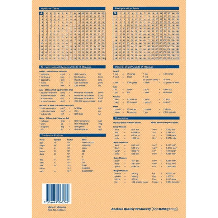 Peach back cover of Writer Premium EB6574 with addition and multiplication charts, metric and imperial tables, barcode and Made in Malaysia