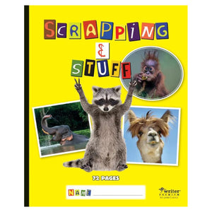 Yellow Scrapping and Stuff scrap book cover with cut-out lettering, a raccoon holding up two fingers, an orangutan, an elephant and an alpaca, marked 72 pages