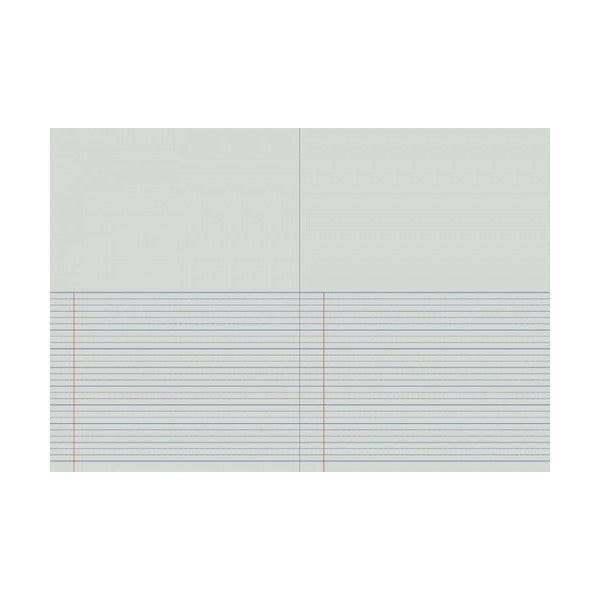 Two facing pages of the Writer Premium EB6595 story book, each left blank at the top with ruled writing lines and a red margin across the lower half
