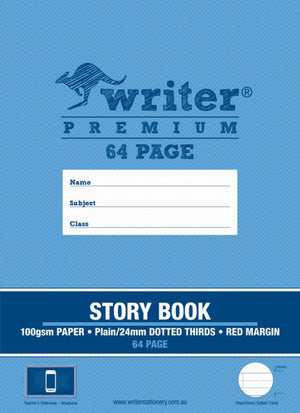 Light blue Writer Premium 64 page story book cover with a navy band reading 100gsm paper, plain and 24mm dotted thirds, red margin, plus a telephone teacher reference badge