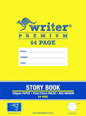 Yellow Writer Premium 64 page story book cover with a blue band reading 100gsm paper, plain and 24mm ruled, red margin, and a drill teacher reference badge