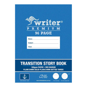 Blue front cover of the Writer Premium 96 page Transition Story Book, reading 100gsm Paper, Red Margin, Plain/24mm Solid-Plain/24mm Dotted Thirds, with an anchor badge