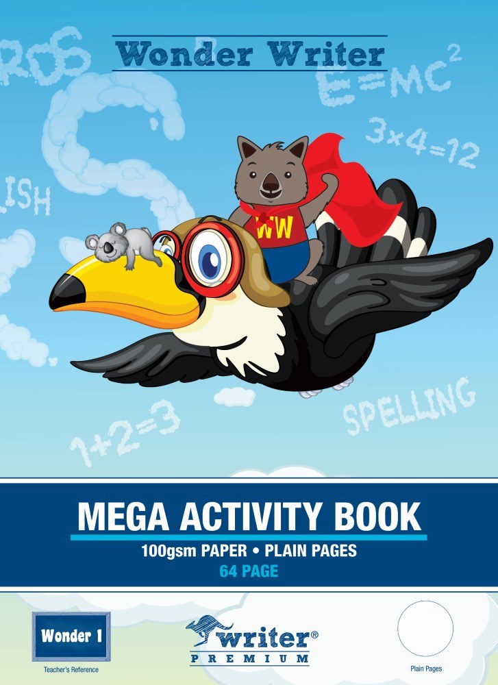 Wonder Writer EB6580 cover with a caped wombat and a koala riding a toucan through a sky of sums, reading Mega Activity Book, 100gsm paper, plain pages, 64 page, Wonder 1
