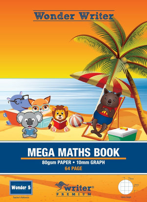 Wonder Writer Mega Maths Book EB6584 cover showing cartoon animals on a beach under a palm tree, printed 80gsm paper, 10mm graph, 64 page