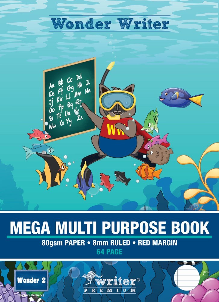 Wonder Writer EB6581 cover with a wombat in a snorkel mask at an alphabet chalkboard among fish, reading Mega Multi Purpose Book, 80gsm paper, 8mm ruled, red margin, 64 page, Wonder 2
