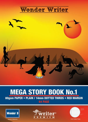 Current Wonder Writer Mega Story Book No.1 cover with a sunset scene of a rock formation, campfire, emu and kangaroos in silhouette above a band reading 80gsm paper, plain and 14mm dotted thirds, red margin