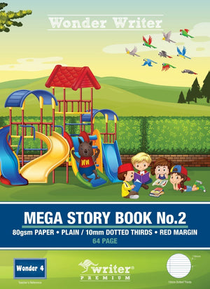 Current Wonder Writer Mega Story Book No.2 cover showing a playground with a slide, children reading on the grass, a bear character and parrots, above a band reading 80gsm paper, plain and 10mm dotted thirds, red margin