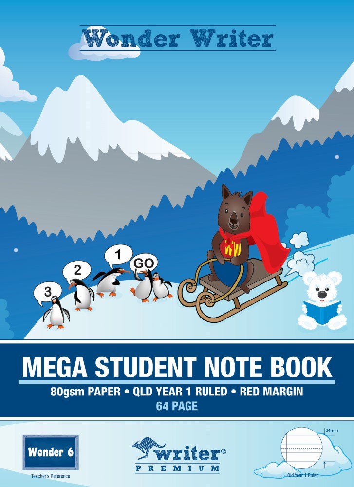 Wonder Writer mega student note book cover with a cartoon animal on a sled, penguins and snowy mountains, printed 80gsm paper, QLD Year 1 ruled, red margin, 64 page