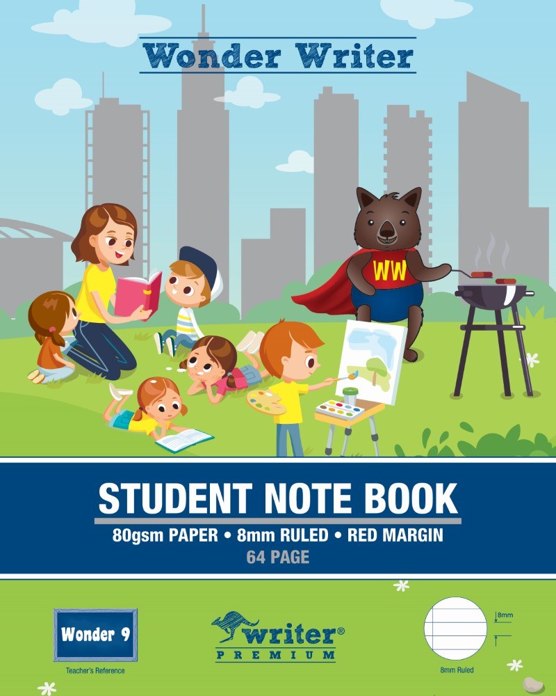 Wonder Writer student note book cover showing a park with children reading and painting and a caped cartoon character at a barbecue, printed 80gsm paper, 8mm ruled, red margin, 64 page