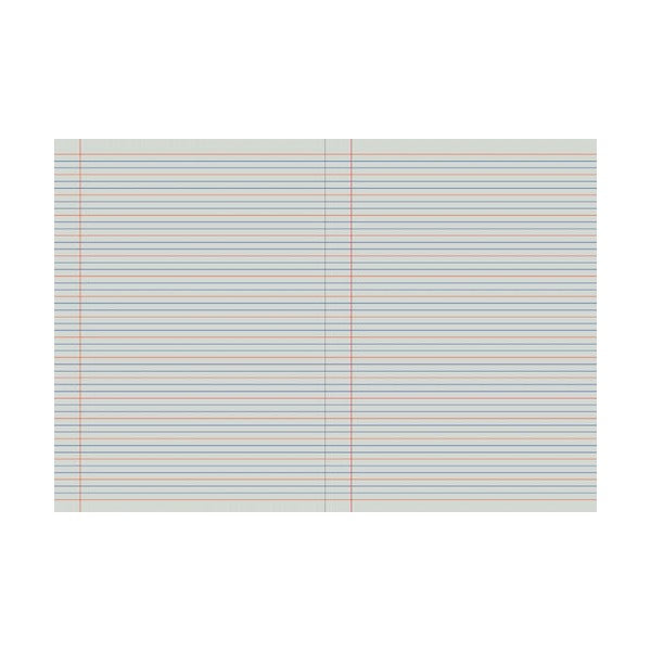 Open double page of the Wonder Writer QLD Year 2 notebook showing ruled lines with a red margin line on each page
