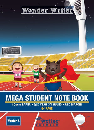 Current Wonder Writer EB6587 cover showing a caped wombat at a finish line with two child runners, reading Mega Student Note Book, 80gsm paper, QLD Year 3/4 ruled, red margin, 64 page