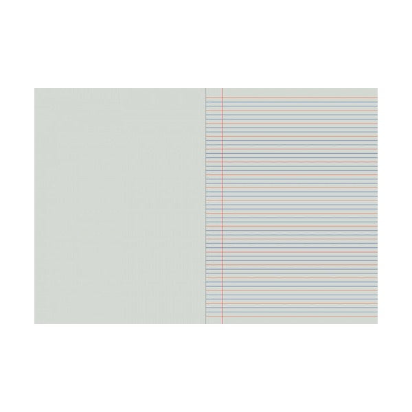 Writer Premium EB6601 workbook opened flat, a blank left page beside a right page of QLD Year 2 ruled lines with a red margin