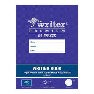 Purple Writer Premium Writing Book cover reading 64 page, 70gsm paper, 14mm dotted thirds, red margin, with a name panel and a building brick teacher's reference icon