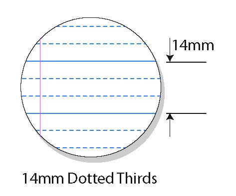 Drawing of 14mm dotted thirds ruling: solid blue lines 14mm apart with two dashed guide lines between and a pink margin line