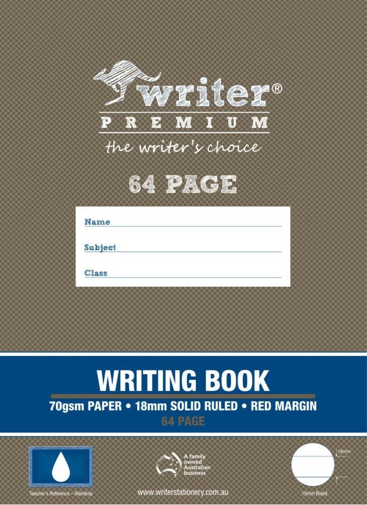 Current brown Writer Premium Writing Book cover with the writer's choice under the logo, reading 70gsm paper, 18mm solid ruled, red margin, 64 page, raindrop badge