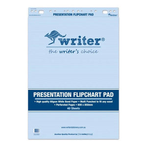 Writer Presentation Flipchart Pad NP4037 cover in pale blue listing 60gsm white bond paper, multi punched header, perforated pages, 600 x 850mm and 40 sheets