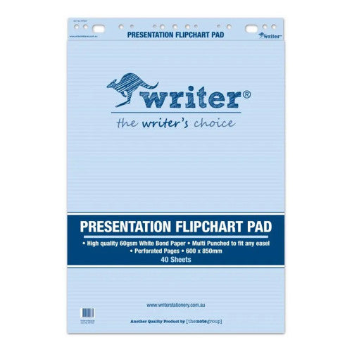 Writer Presentation Flipchart Pad 60gsm 850 x 600mm, 40 sheet pad with multi-hole punch, front cover view