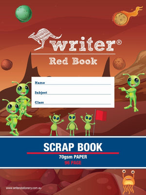 Writer Red Book scrap book cover showing green cartoon aliens on a red planet under a comet, with a band reading scrap book 70gsm paper 96 page