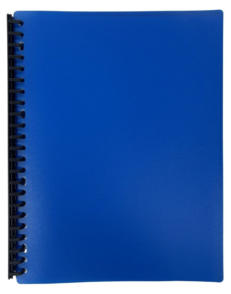 Writer RO3010 A4 refillable display book with a mid blue frosted cover and a black plastic loop strip along the left spine
