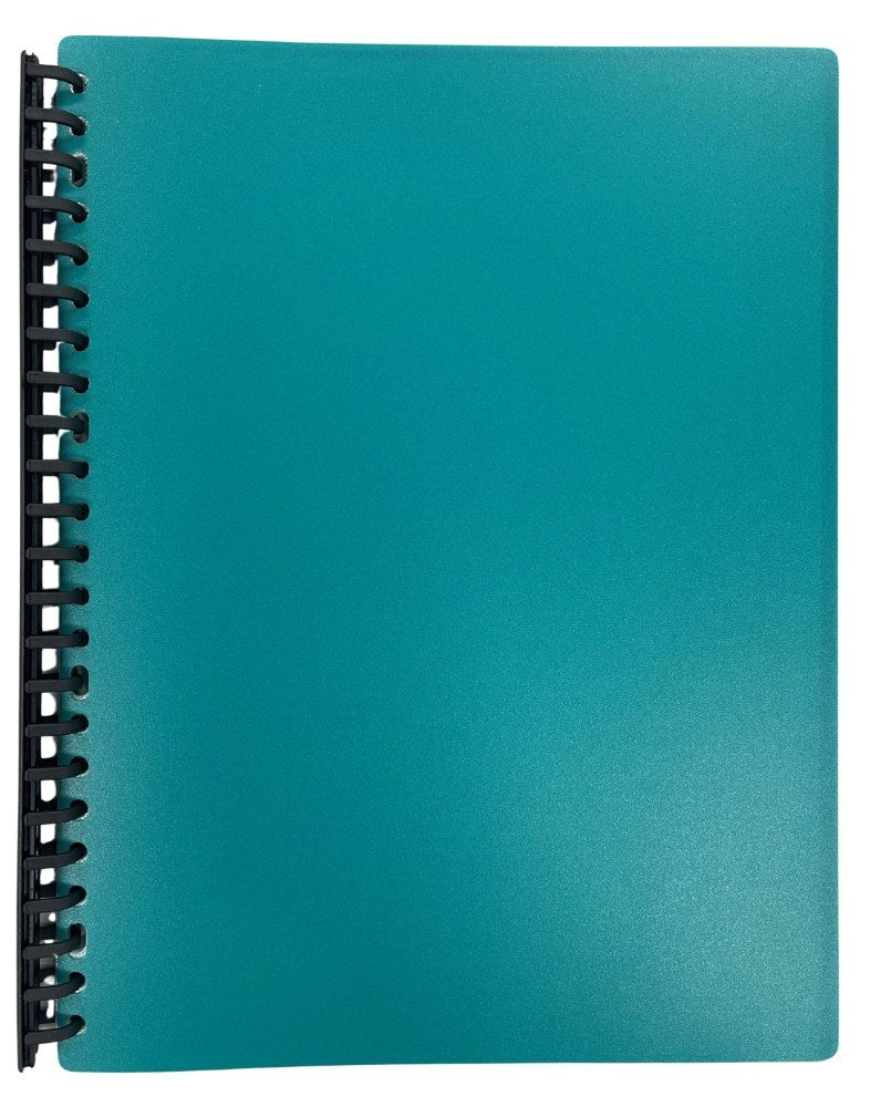 Writer RO3010 A4 refillable display book with a teal green frosted cover, bound down the left edge by a black plastic loop strip