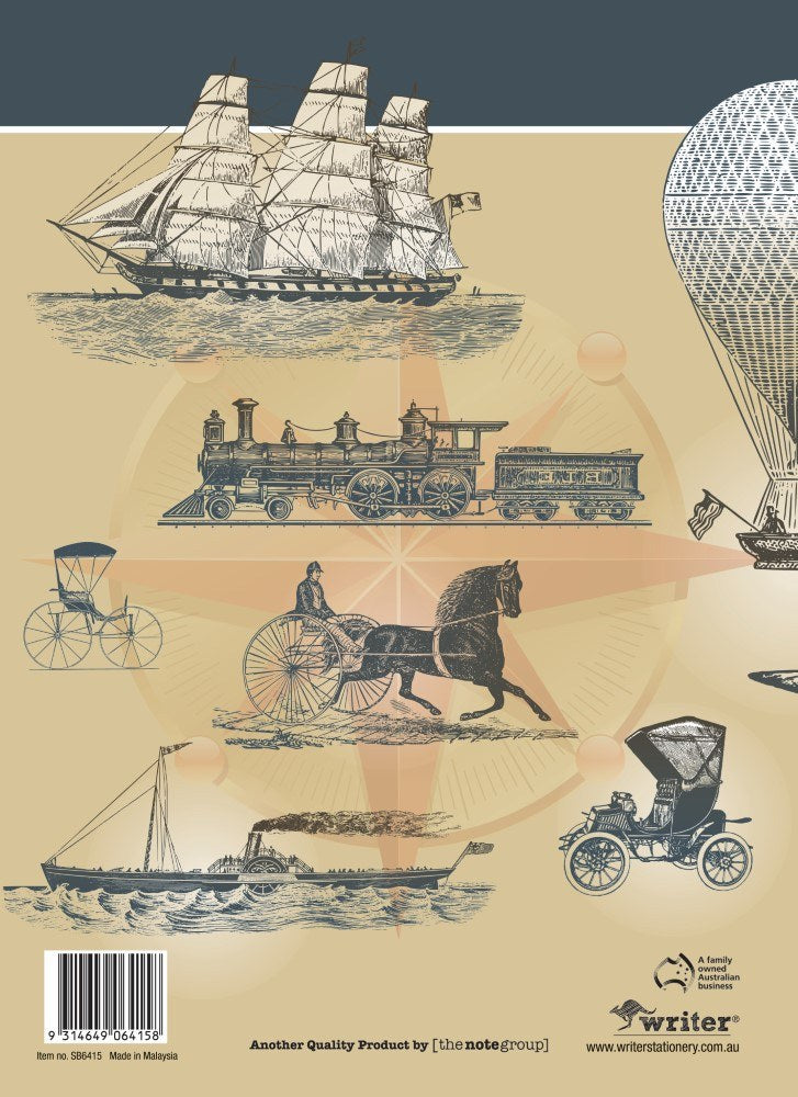 Back cover of the Writer Secondary Scrapbook SB6415 showing engravings of a clipper ship, steam train, paddle steamer and vintage car with barcode and item number
