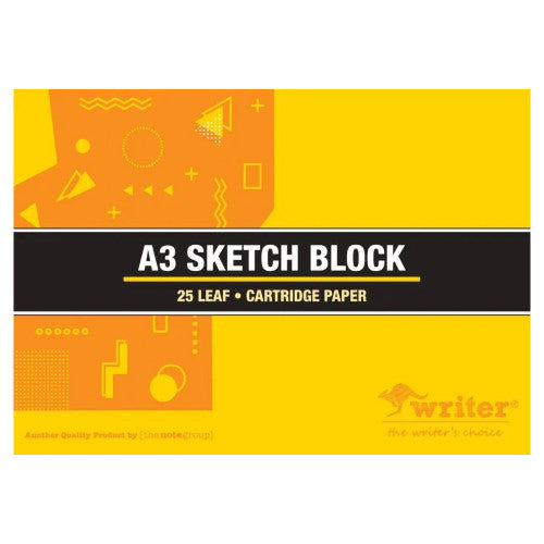 Landscape cover of the Writer A3 sketch block NP4046 in yellow and orange geometric shapes with a black band reading A3 Sketch Block, 25 Leaf, Cartridge Paper