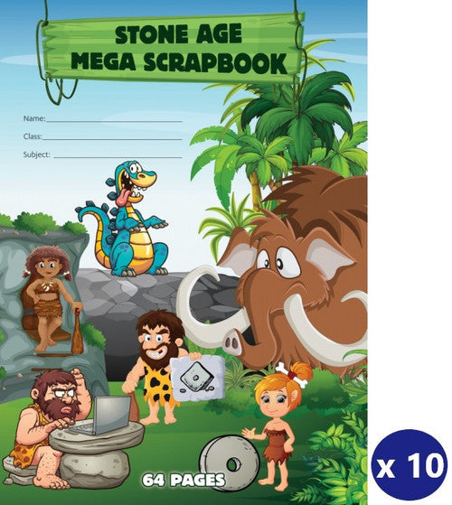 Earlier store copy of the Writer Stone Age Mega scrap book cover shown with a pack of 10 badge