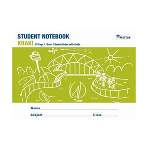 Writer khaki landscape student notebook cover printed 32 Page, 12mm, Double Ruled with Guide, with a white harbour drawing