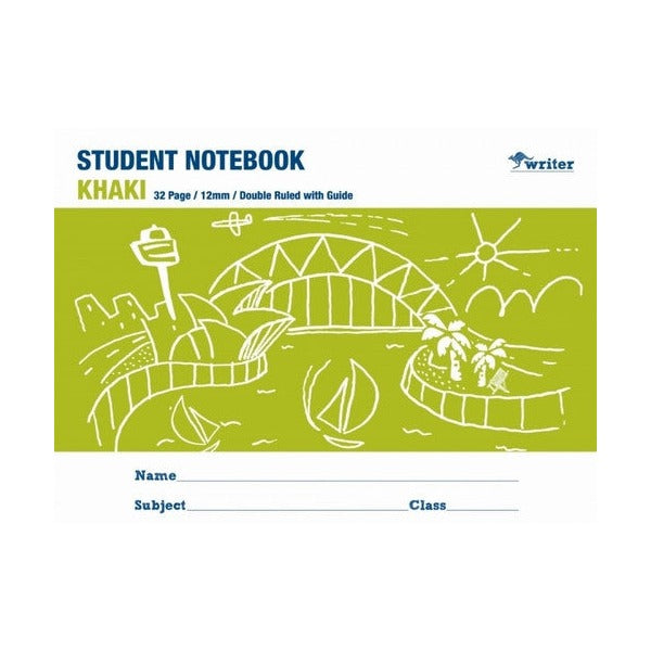 Writer khaki landscape student notebook cover printed 32 Page, 12mm, Double Ruled with Guide, with a white harbour drawing