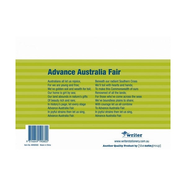 Back cover of the Writer khaki notebook with Advance Australia Fair, barcode, item number and Made in China