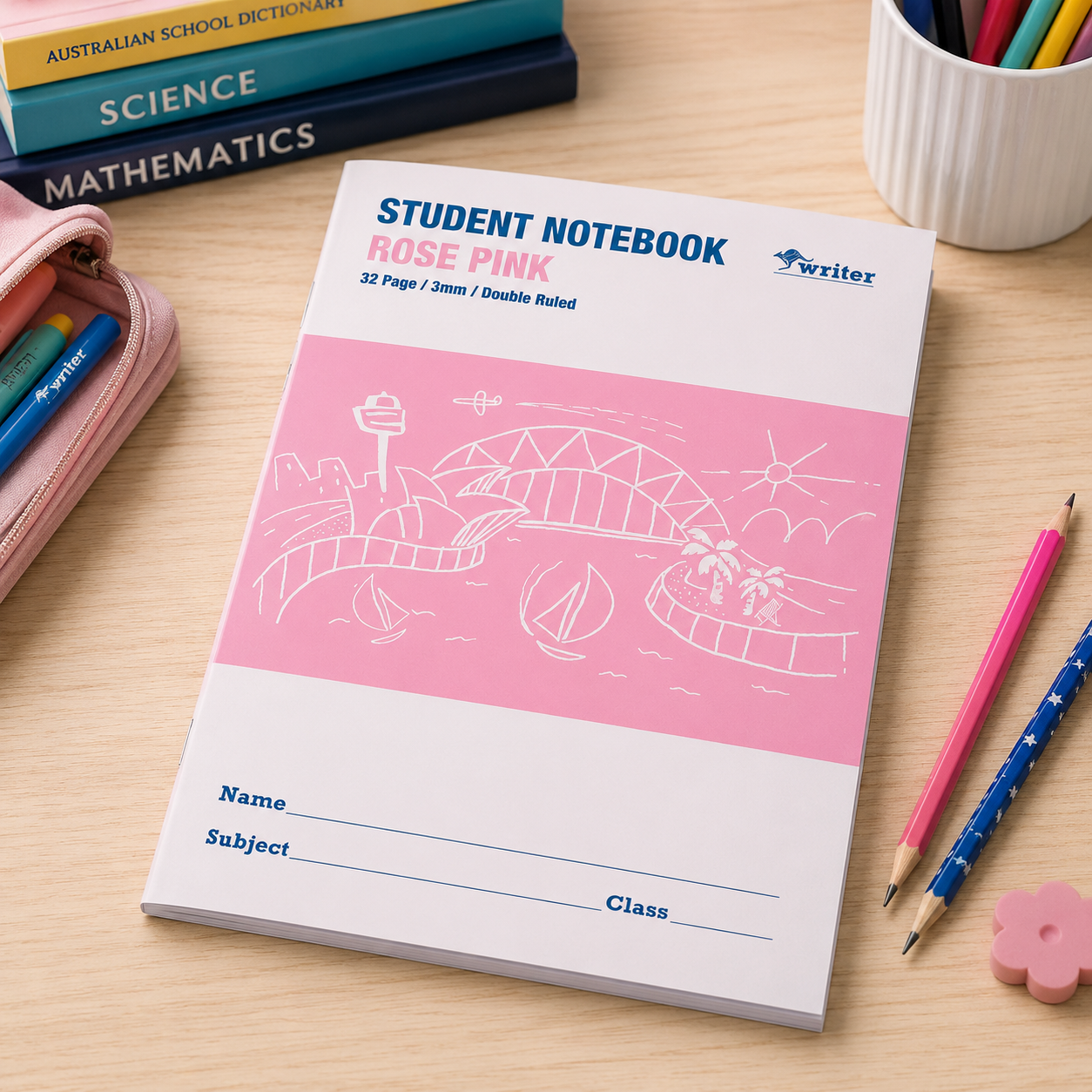 Writer Student Notebook 32 Page Double Ruled 3mm Rose Pink Pack 20-2